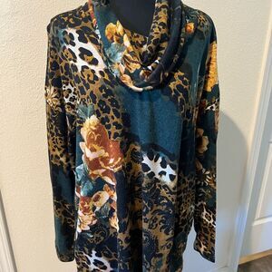 Elegant Floral and Leopard Print Cowl Neck Sweater